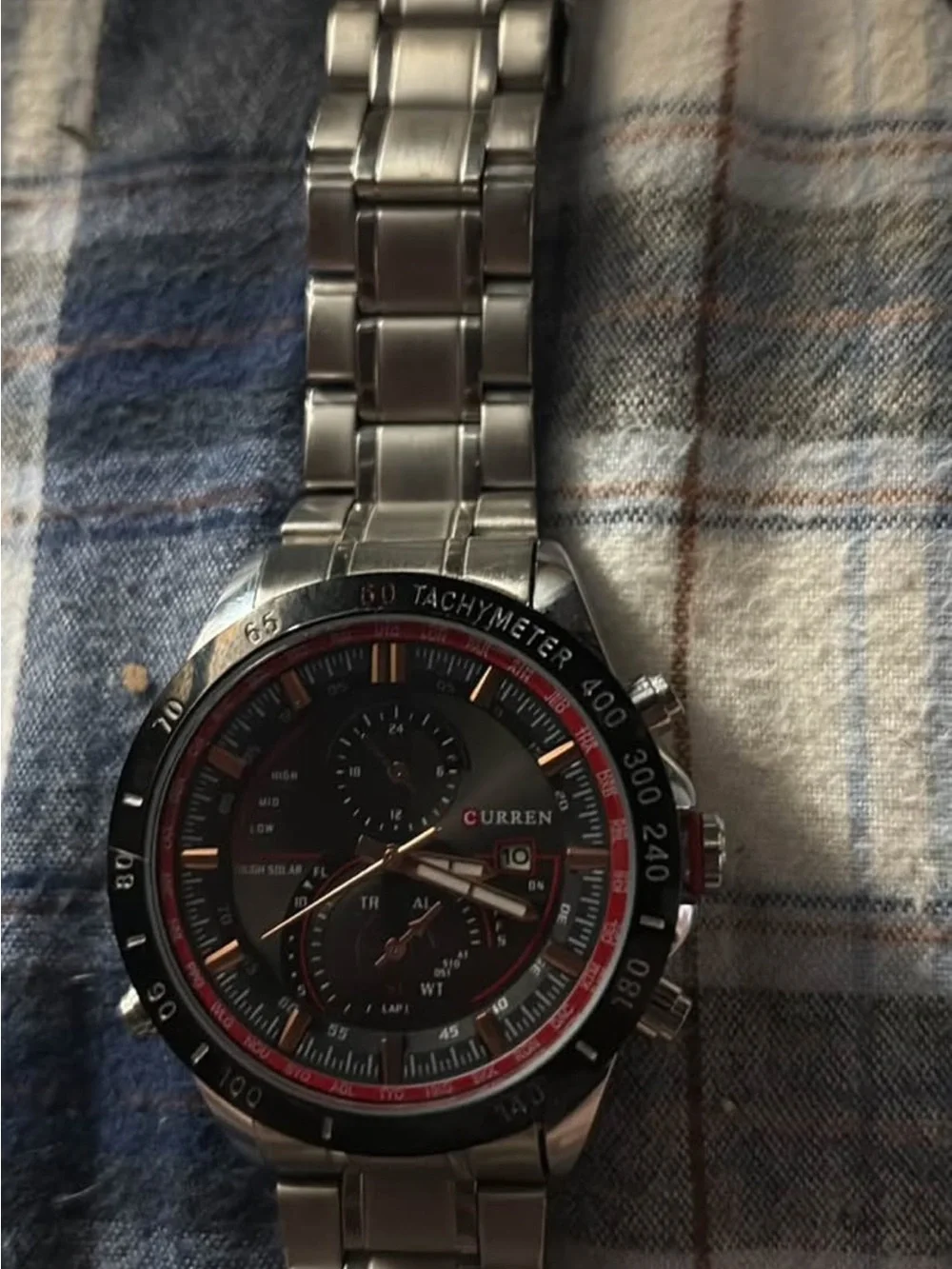 Curren Stainless Steel Tachymeter Watch - Black & Red Dial